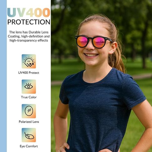 نظارات شمسية مستقطبة لمرحلة ما قبل المراهقة - عدسة مرآة ملونة UV400، إطار دائري غير لامع للوجوه الصغيرة - ركوب الدراجات والأماكن الخارجية in Kuwait
