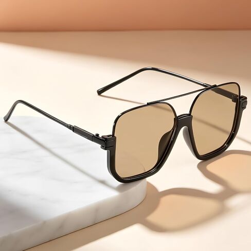 Oversized Aviator Sunglasses for Women Men 70s Retro Vintage Shades with UV400 Square Double Bridge Pilot Glasses in Kuwait