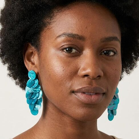Shell Drop Statement Earrings, Layered Disc Design, Iridescent Finish, Oversized Fashion Jewelry in Kuwait