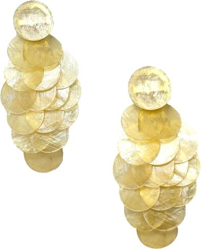 Shell Drop Statement Earrings, Layered Disc Design, Iridescent Finish, Oversized Fashion Jewelry in Kuwait