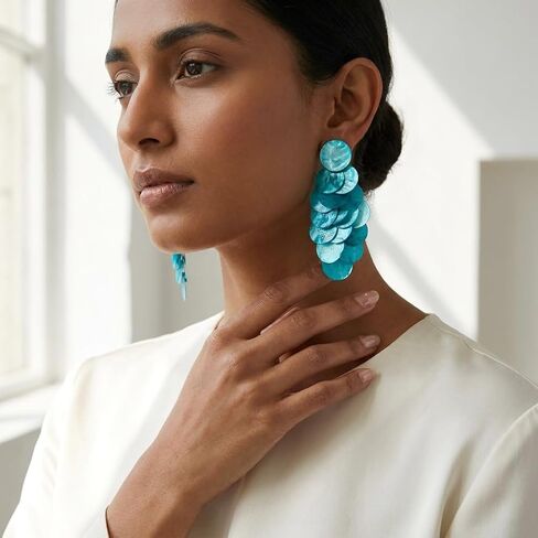 Shell Drop Statement Earrings, Layered Disc Design, Iridescent Finish, Oversized Fashion Jewelry in Kuwait