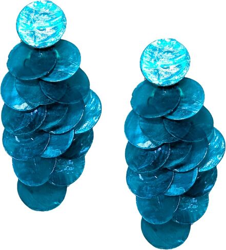 Shell Drop Statement Earrings, Layered Disc Design, Iridescent Finish, Oversized Fashion Jewelry in Kuwait