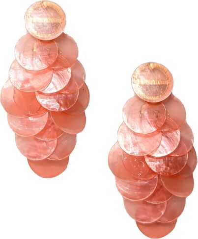 Shell Drop Statement Earrings, Layered Disc Design, Iridescent Finish, Oversized Fashion Jewelry in Kuwait