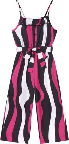 Crazyme Girls Jumpsuit Striped Sleeveless Girl Casual Rompers Suspender Wide Leg Pants with Belt Jumpsuit for Girls 4-13Y in Kuwait