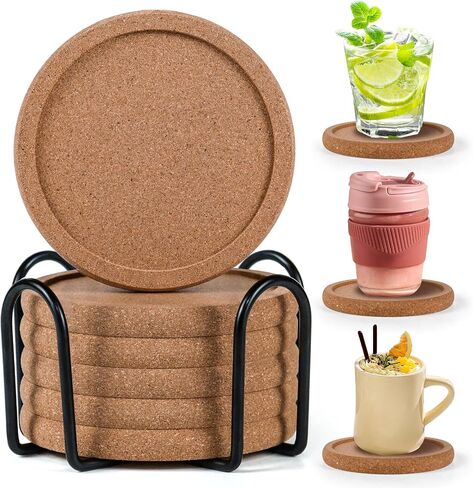 Cork Coasters for Drinks Set of 6 with Holder, Absorbent Round Coasters with Lip, Heat Resistant and Table Protective, 4'' Diameter Suitable for Most Cups, Perfect for Home & Office, Housewarming Gift in Saudi Arabia
