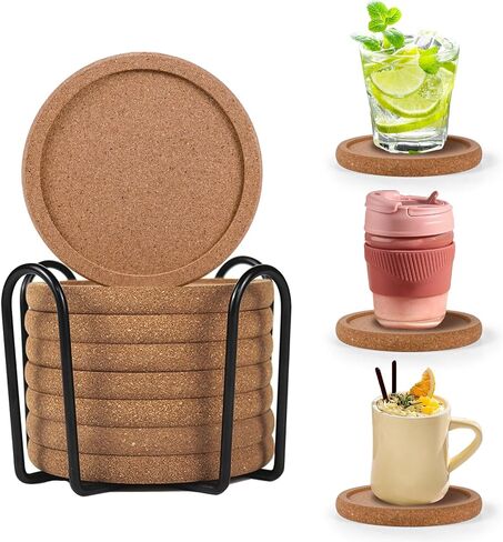 Cork Coasters for Drinks Set of 6 with Holder, Absorbent Round Coasters with Lip, Heat Resistant and Table Protective, 4'' Diameter Suitable for Most Cups, Perfect for Home & Office, Housewarming Gift in Saudi Arabia