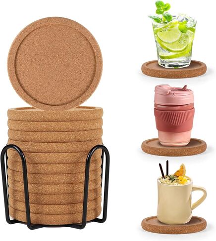 Cork Coasters for Drinks Set of 6 with Holder, Absorbent Round Coasters with Lip, Heat Resistant and Table Protective, 4'' Diameter Suitable for Most Cups, Perfect for Home & Office, Housewarming Gift in Saudi Arabia