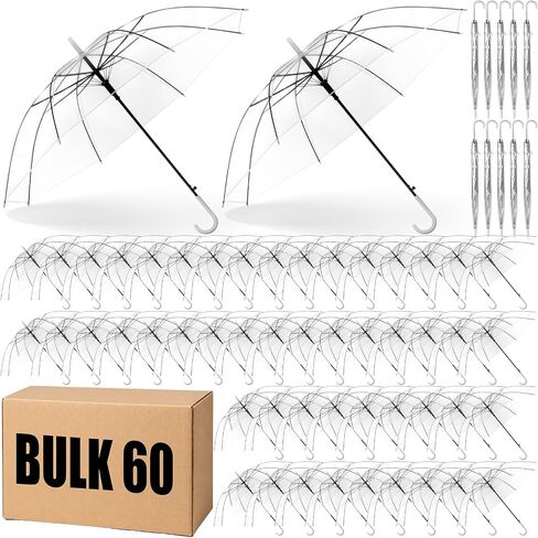 60 Pack Clear Wedding Umbrellas Bulk Transparent Auto Open Stick Umbrellas Windproof Waterproof Large Canopy Umbrella with White European J Hook Handle for Wedding Bride Groom Photography Golf Outdoor in Kuwait