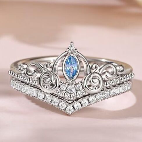 925 Sterling Silver Crown-Shaped Sapphire Ring Set - Minimalist Elegant Valentine's Day Jewelry for Women Size 6 in Saudi Arabia