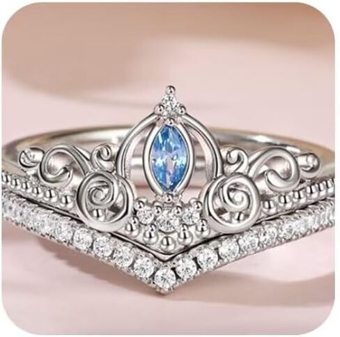 925 Sterling Silver Crown-Shaped Sapphire Ring Set - Minimalist Elegant Valentine's Day Jewelry for Women Size 6 in Saudi Arabia