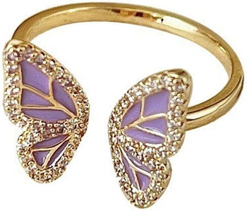 Gold Plated 925 Sterling Silver Butterfly Open Ring for Women - Purple Mother of Pearl & Cubic Zirconia Adjustable Band, Elegant Statement Jewelry in Saudi Arabia
