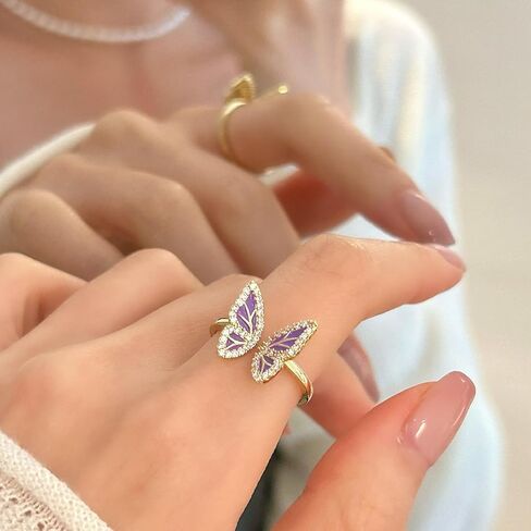 Gold Plated 925 Sterling Silver Butterfly Open Ring for Women - Purple Mother of Pearl & Cubic Zirconia Adjustable Band, Elegant Statement Jewelry in Saudi Arabia