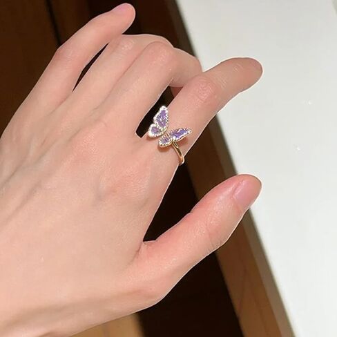 Gold Plated 925 Sterling Silver Butterfly Open Ring for Women - Purple Mother of Pearl & Cubic Zirconia Adjustable Band, Elegant Statement Jewelry in Saudi Arabia