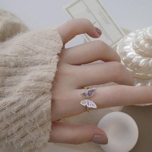 Gold Plated 925 Sterling Silver Butterfly Open Ring for Women - Purple Mother of Pearl & Cubic Zirconia Adjustable Band, Elegant Statement Jewelry in Saudi Arabia