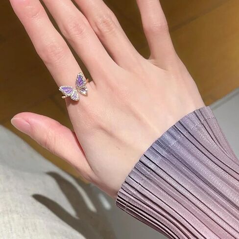 Gold Plated 925 Sterling Silver Butterfly Open Ring for Women - Purple Mother of Pearl & Cubic Zirconia Adjustable Band, Elegant Statement Jewelry in Saudi Arabia