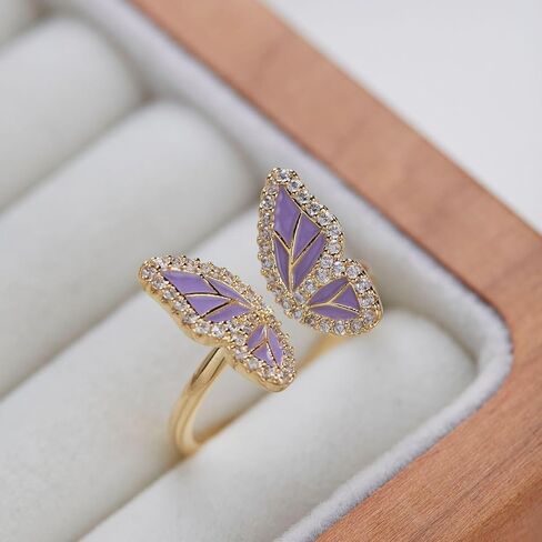 Gold Plated 925 Sterling Silver Butterfly Open Ring for Women - Purple Mother of Pearl & Cubic Zirconia Adjustable Band, Elegant Statement Jewelry in Saudi Arabia