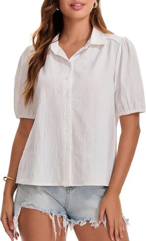 Women's 2026 Summer Button Down Shirts Short Puff Sleeve Collared V Neck Cotton Casual Blouse Tops in Saudi Arabia