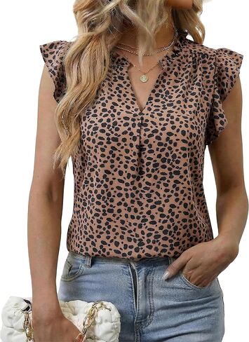 Womens Tops Dressy Casual Leopard Print Summer Blouses V Neck Ruffle Cap Sleeve Shirts Business Work Outfits in Saudi Arabia