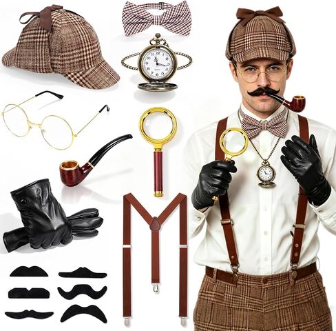 14 PCS Adult Detective Costume Accessories Set, Classic Sleuth Spy Kit with Deerstalker Hat, Magnifying Glass, Bow Tie, Pocket Watch, Mustache & Gloves for Halloween Cosplay Mystery Party in Saudi Arabia