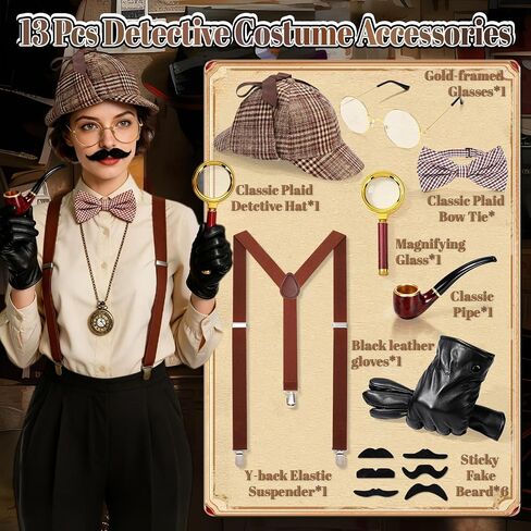 14 PCS Adult Detective Costume Accessories Set, Classic Sleuth Spy Kit with Deerstalker Hat, Magnifying Glass, Bow Tie, Pocket Watch, Mustache & Gloves for Halloween Cosplay Mystery Party in Saudi Arabia