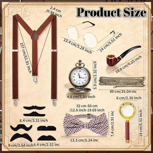 14 PCS Adult Detective Costume Accessories Set, Classic Sleuth Spy Kit with Deerstalker Hat, Magnifying Glass, Bow Tie, Pocket Watch, Mustache & Gloves for Halloween Cosplay Mystery Party in Saudi Arabia