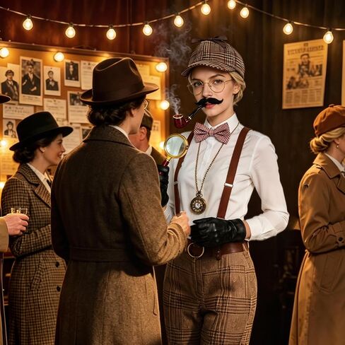 14 PCS Adult Detective Costume Accessories Set, Classic Sleuth Spy Kit with Deerstalker Hat, Magnifying Glass, Bow Tie, Pocket Watch, Mustache & Gloves for Halloween Cosplay Mystery Party in Saudi Arabia