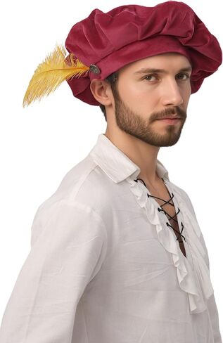 Renaissance Tudor Medieval Beret Hat with Feather for Men, Ren Faire Costume Accessory in Saudi Arabia