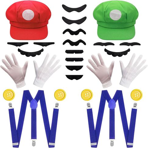 Super Bros Costume Kit Halloween for Adults with Hats Mustaches Gloves Suspenders Buttons, Halloween Cosplay Accessories for Adult Men and Women Green & Red in Saudi Arabia
