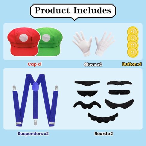 Super Bros Costume Kit Halloween for Adults with Hats Mustaches Gloves Suspenders Buttons, Halloween Cosplay Accessories for Adult Men and Women Green & Red in Saudi Arabia