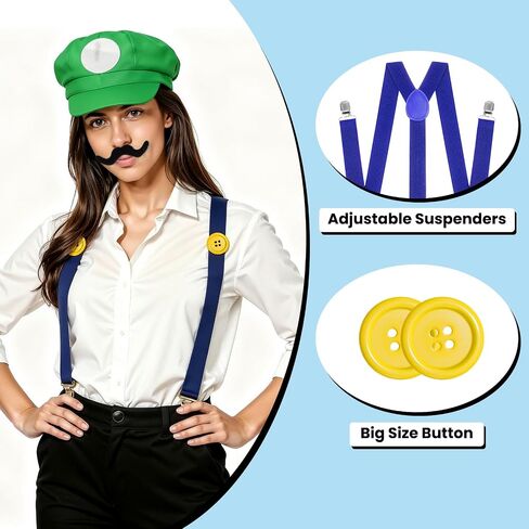 Super Bros Costume Kit Halloween for Adults with Hats Mustaches Gloves Suspenders Buttons, Halloween Cosplay Accessories for Adult Men and Women Green & Red in Saudi Arabia