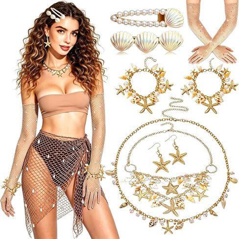 Halloween Mermaid Cosplay Costume for Women, 9 Pcs Crochet Skirt Rhinestone Long Fishnet Gloves Necklace Waist Chain Bracelets Hair Clip in Saudi Arabia