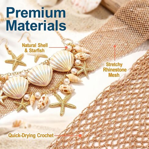 Halloween Mermaid Cosplay Costume for Women, 9 Pcs Crochet Skirt Rhinestone Long Fishnet Gloves Necklace Waist Chain Bracelets Hair Clip in Saudi Arabia