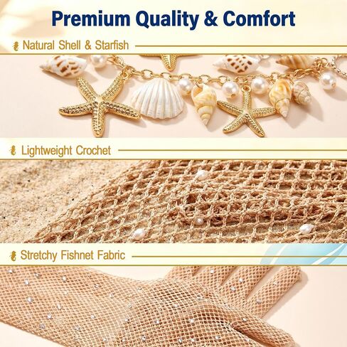 Halloween Mermaid Cosplay Costume for Women, 9 Pcs Crochet Skirt Rhinestone Long Fishnet Gloves Necklace Waist Chain Bracelets Hair Clip in Saudi Arabia