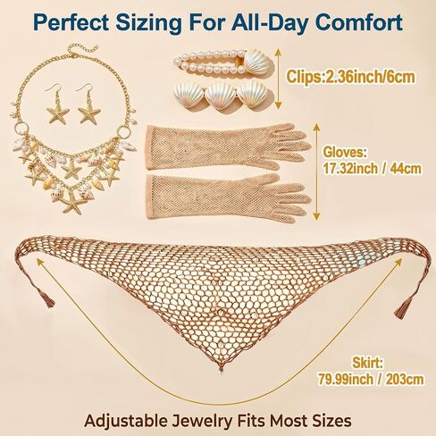Halloween Mermaid Cosplay Costume for Women, 9 Pcs Crochet Skirt Rhinestone Long Fishnet Gloves Necklace Waist Chain Bracelets Hair Clip in Saudi Arabia