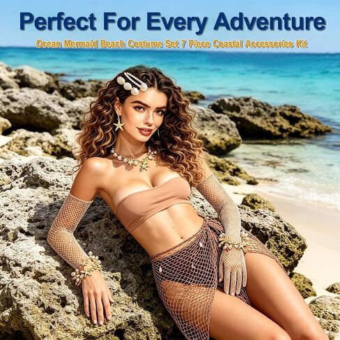 Halloween Mermaid Cosplay Costume for Women, 9 Pcs Crochet Skirt Rhinestone Long Fishnet Gloves Necklace Waist Chain Bracelets Hair Clip in Saudi Arabia