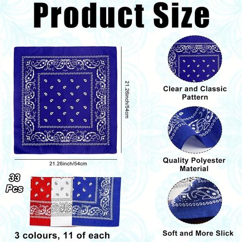33 Pcs Paisley Bandanas Bulk 4th of July Accessories, 21 Inch Unisex Cowboy Bandanas, Patriotic Head Scarf for Women Men Necktie Face Cover, Neon Independence Day Gifts Western Party Supplies in Saudi Arabia