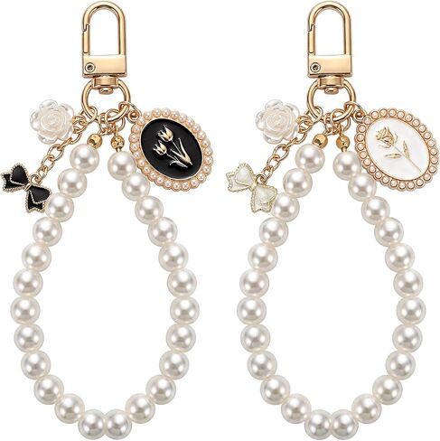 Liliaafar 2 Pcs Pearl Wristlet Keychain Vintage French Court Style Pearl Keychain Rose Flower Baroque Bag Charm Women Birthday Bridesmaid Gifts Handbags Wristlet Phone Purse Charms Key Chains in Kuwait