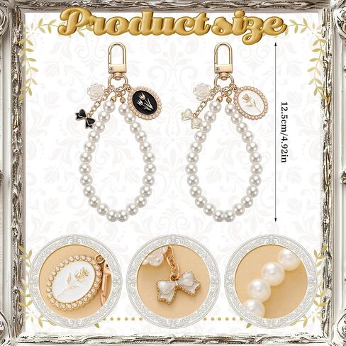 Liliaafar 2 Pcs Pearl Wristlet Keychain Vintage French Court Style Pearl Keychain Rose Flower Baroque Bag Charm Women Birthday Bridesmaid Gifts Handbags Wristlet Phone Purse Charms Key Chains in Kuwait