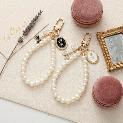 Liliaafar 2 Pcs Pearl Wristlet Keychain Vintage French Court Style Pearl Keychain Rose Flower Baroque Bag Charm Women Birthday Bridesmaid Gifts Handbags Wristlet Phone Purse Charms Key Chains in Kuwait