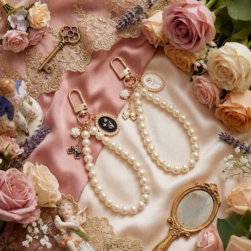 Liliaafar 2 Pcs Pearl Wristlet Keychain Vintage French Court Style Pearl Keychain Rose Flower Baroque Bag Charm Women Birthday Bridesmaid Gifts Handbags Wristlet Phone Purse Charms Key Chains in Kuwait
