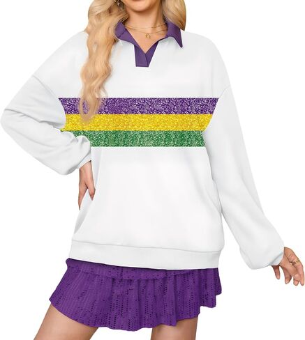 Women's Mardi Gras Carnival Long Sleeve Polo Collar Green Yellow and Purple Stripes Top Shirt Sweatshirt White XL in Kuwait