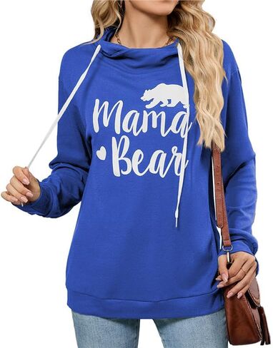 Women's Mama Bear Print Cowl Neck Hoodie Long Sleeve Drawstring Casual Sweatshirt in Kuwait