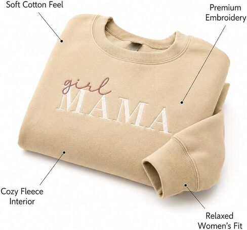 Girl Mama Embroidered Sweatshirt for Women, Cute Mom Crewneck Pullover – Gift for Girl Mom, Mother’s Day in Kuwait