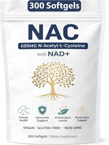 The Standard Lab NAC 600mg & NAD Daily Complex، مكمل NAC العضوي، كبسولات N-Acetyl Cysteine ​​مع NAD+ للصحة الخلوية والرئة، ومستويات مضادات الأكسدة ودعم المناعة، غير معدل وراثيًا، 300 كبسولة هلامية in Kuwait