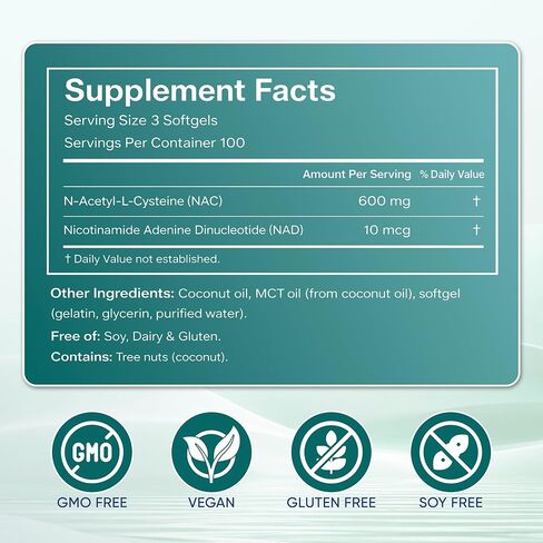 The Standard Lab NAC 600mg & NAD Daily Complex، مكمل NAC العضوي، كبسولات N-Acetyl Cysteine ​​مع NAD+ للصحة الخلوية والرئة، ومستويات مضادات الأكسدة ودعم المناعة، غير معدل وراثيًا، 300 كبسولة هلامية in Kuwait
