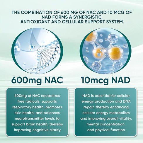 The Standard Lab NAC 600mg & NAD Daily Complex، مكمل NAC العضوي، كبسولات N-Acetyl Cysteine ​​مع NAD+ للصحة الخلوية والرئة، ومستويات مضادات الأكسدة ودعم المناعة، غير معدل وراثيًا، 300 كبسولة هلامية in Kuwait