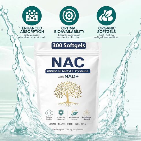 The Standard Lab NAC 600mg & NAD Daily Complex، مكمل NAC العضوي، كبسولات N-Acetyl Cysteine ​​مع NAD+ للصحة الخلوية والرئة، ومستويات مضادات الأكسدة ودعم المناعة، غير معدل وراثيًا، 300 كبسولة هلامية in Kuwait