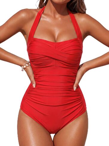 Smismivo Contum Control Swimwear Halter One Piece Swittage Vintage Retro Swimsuit Womens Ruched Pass Up Bashing Suit in Kuwait