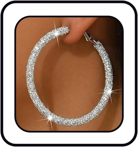 Rhinestone Hoop Earrings for Women Black Cubic Zirconia Huggie Earrings Large Bling Sparkly Hoop Earring Dainty Silver Rhinestone Hoops Earrings Trendy Prom Party Jewelry Accessories in Saudi Arabia