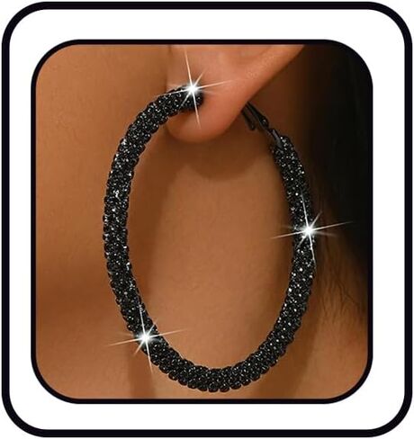 Rhinestone Hoop Earrings for Women Black Cubic Zirconia Huggie Earrings Large Bling Sparkly Hoop Earring Dainty Silver Rhinestone Hoops Earrings Trendy Prom Party Jewelry Accessories in Saudi Arabia